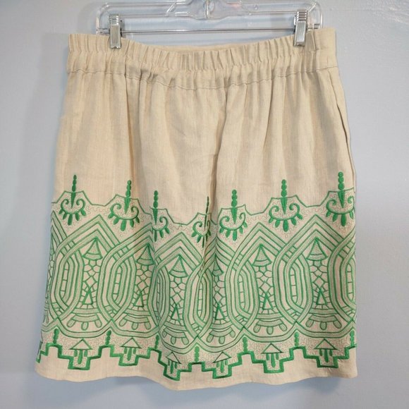 Madison Women's L Beige Linen Skirt Green Embroidery Elastic Waist Lined Boho - Picture 5 of 10